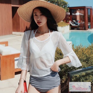 SET BIKINI 3 MẢNH QUẦN CẠP CAO SUN KÈM ÁO LƯỚI TRẮNG