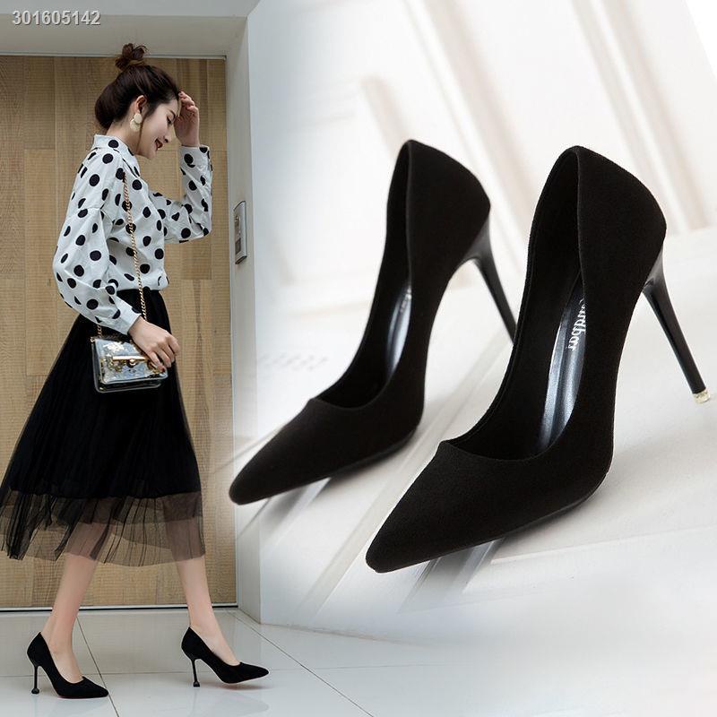 Giày cao gót da lộn mũi nhọn màu đen 5cm 7cm thời trang thu đông dễ phối đồ cho nữ 2021