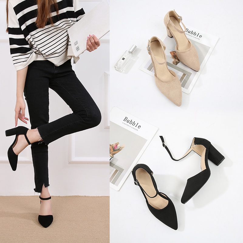 2021Early Spring New Student High Heels Women's Chunky Heel Pointed Women's Shoes Korean Style All-Matching Low-Cut Shoes Women's Work Shoes