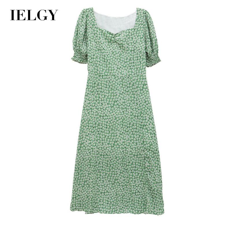Đầm IELGY tay ngắn cổ vuông họa tiết hoa phong cách Pháp ngọt ngào tươi tắn nhỏ nhắn dành cho nữ