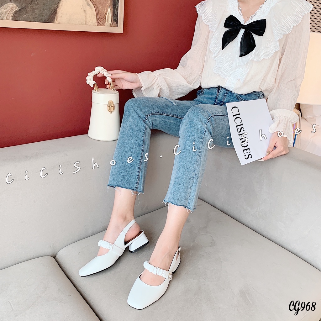 Giày cao gót CiCiShoes quai ngang nhúm ngọc cài hậu hở gót GV 2p - CG968