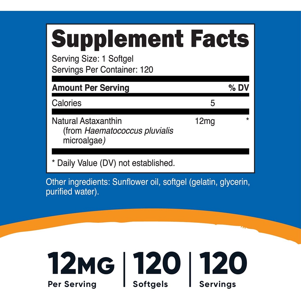 Nutricost Astaxanthin 12mg - Viên uống chống lão hóa, bảo vệ thị lực, tim mạch, ngăn ngừa ung thư 120 viên