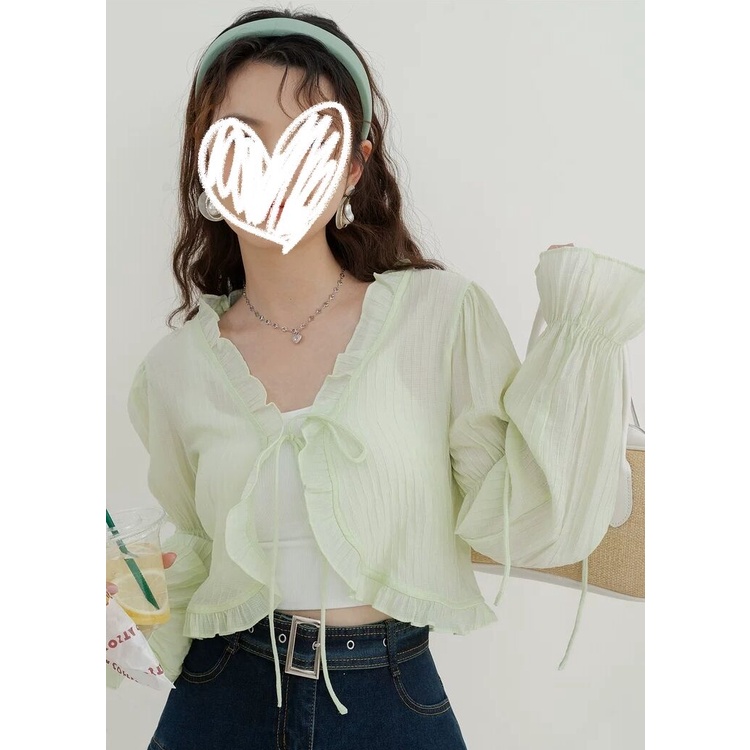 QKOOLE  Áo Kiểu Tay Dài Cổ Chữ V Phối Bèo Nữ Tính