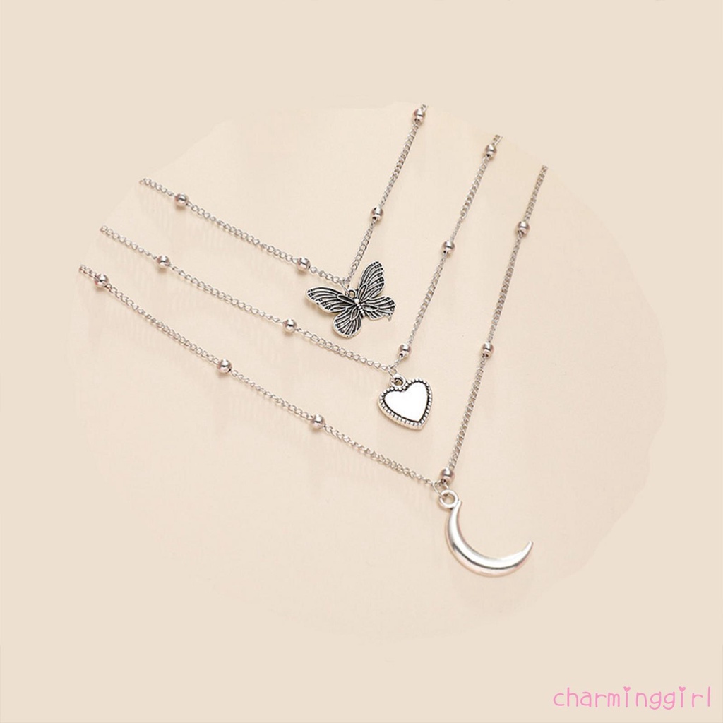 Bộ 3 Vòng cổ hợp kim mặt hình bướm mặt trăng trái tim sáng tạo cho nữ
