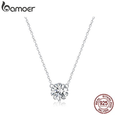 Dây chuyền ngắn Bamoer BSN085 bằng bạc S925 phối mặt đá CZ trong suốt đơn giản thời trang cho nữ