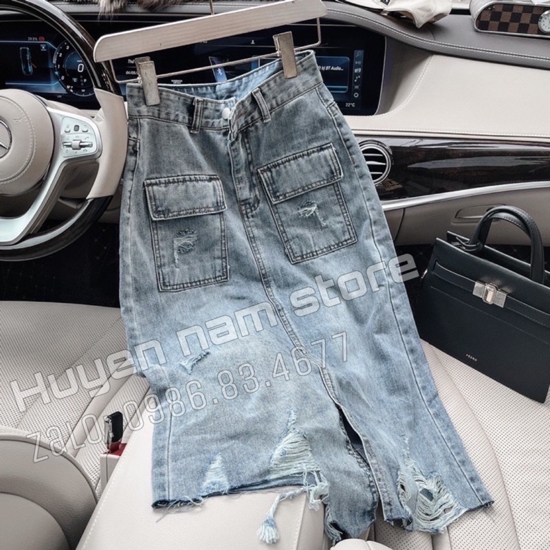 Chân váy bò dáng dài túi hộp xẻ lệch | BigBuy360 - bigbuy360.vn