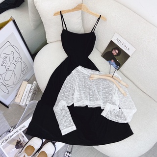 Set đầm midi 2s đen trơn basic kèm khoác crop lưới