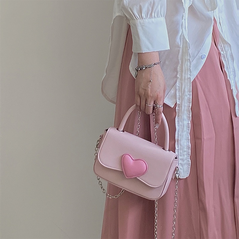 [CÓ SẴN] TÚI XÁCH NỮ MÀU HỒNG PASTEL ĐÍNH TRÁI TIM PHONG CÁCH HÀN QUỐC