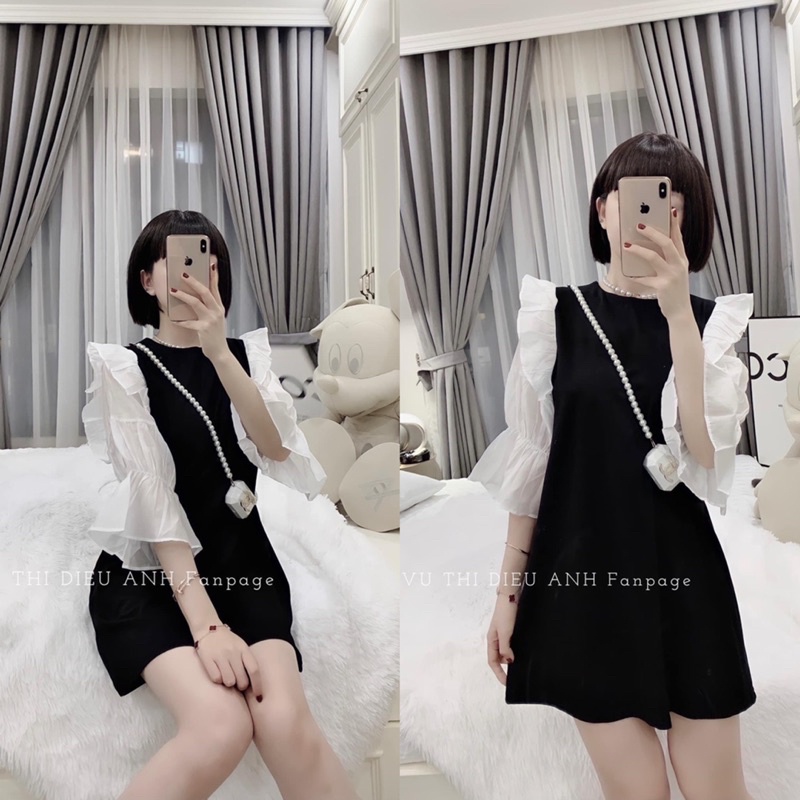Váy Umi Đen Tay Phối Tơ Trắng Siêu Xinh, Đầm Nữ Thiết Kế Dáng Suông Có Ảnh Thật Kèm Video
