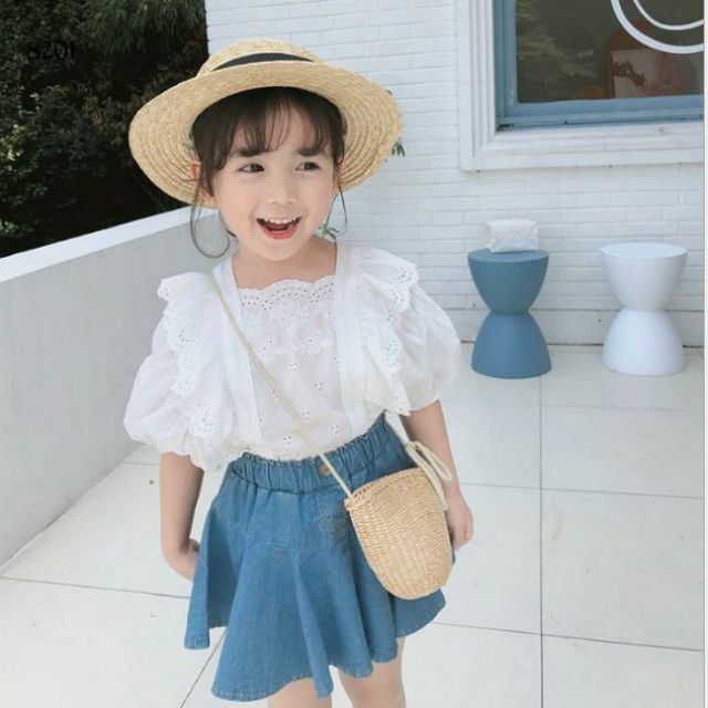 Set áo sơ mi kèm chân váy denim xuất Hàn cho bé