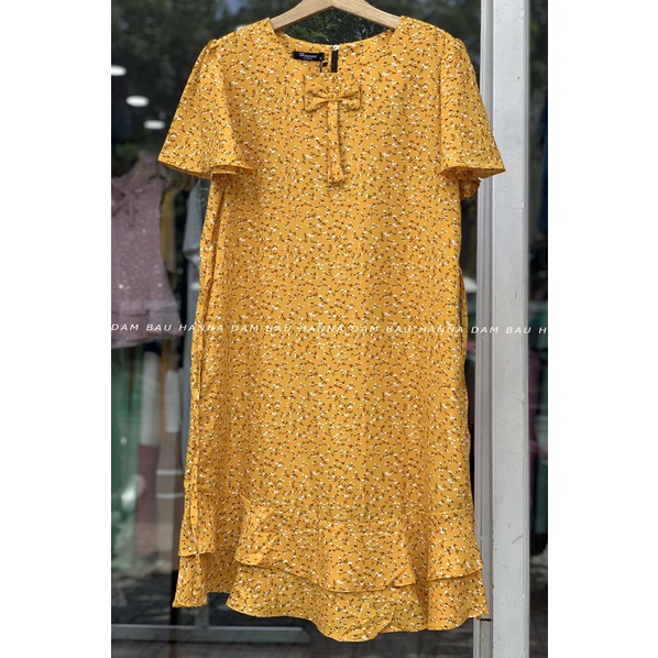 [HANNA] Đầm bầu công sở hoa nhí vải lụa mềm mát nhẹ không nhăn có size 80kg tay kiểu đặc biệt thoải mái cho bầu