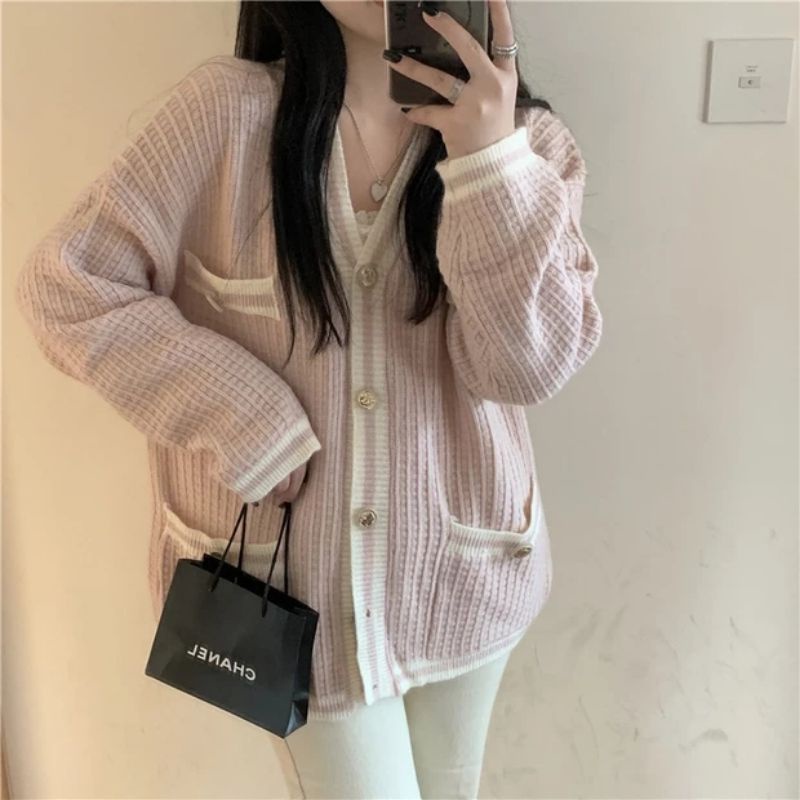 Áo cardigan len dệt kim viền có túi oder taobao