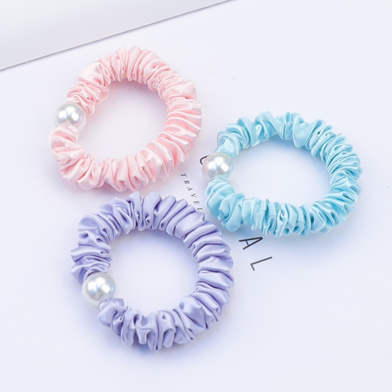 Dây cột tóc scrunchies vải phi bóng đính châu trắng nhiều màu pastel S28