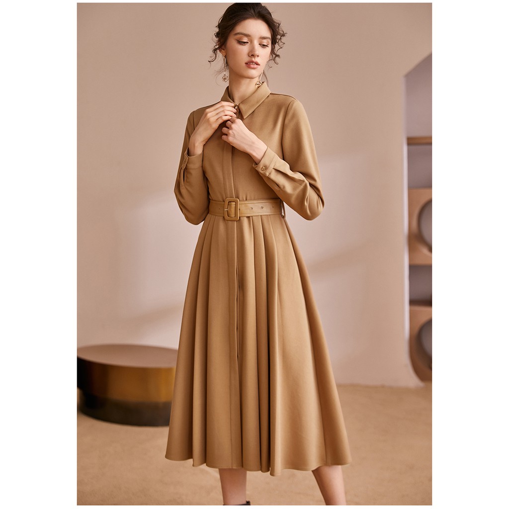 Đầm xòe kem cổ sơ mi kèm đai eo màu kem tay dài