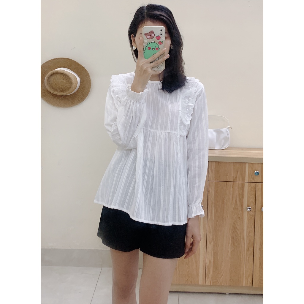 Áo Sơ Mi Dài Tay Dáng Babydoll - Tay Bo Chun, Phối Ren 2 bên cổ tròn xinh xắn A088