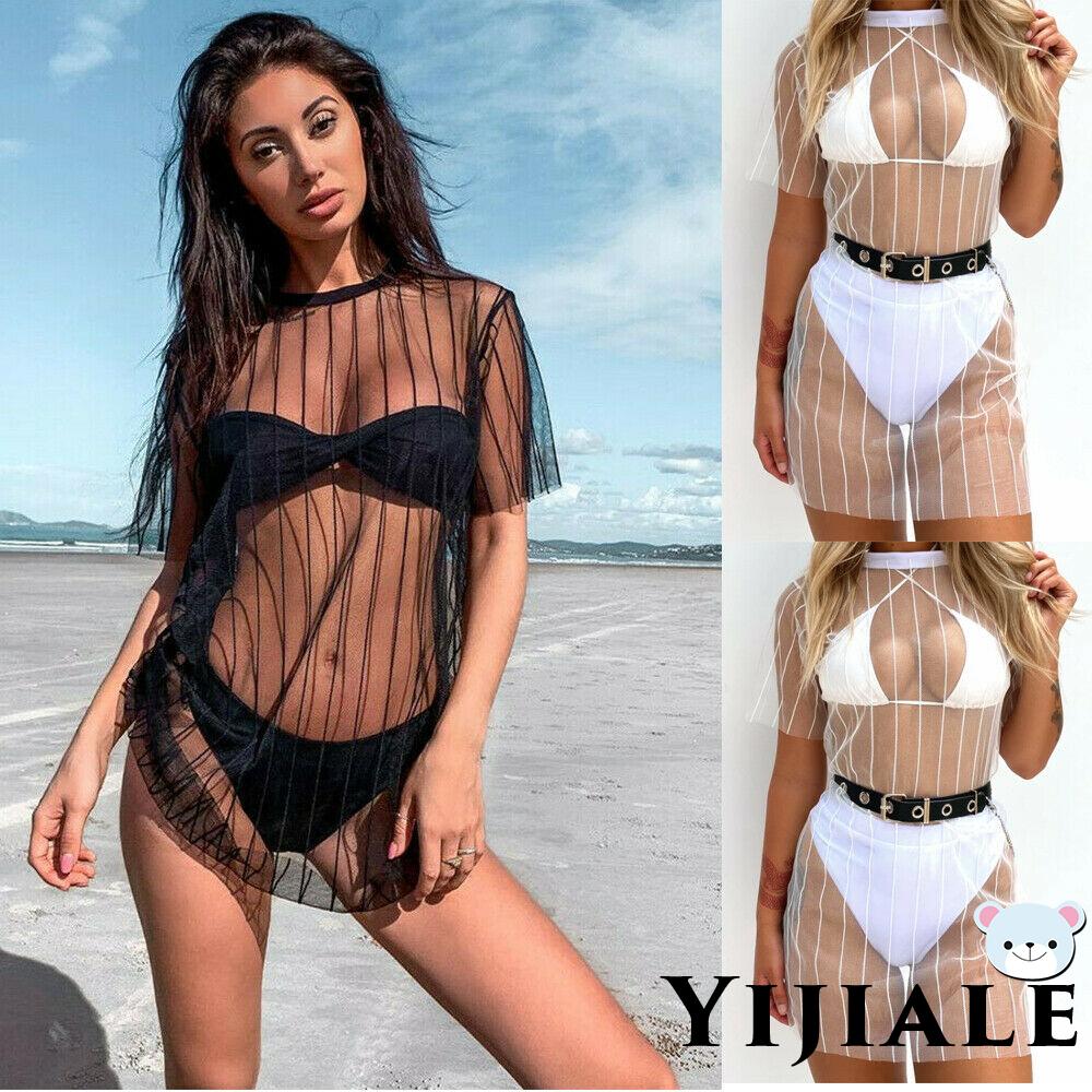 Áo Lưới Xuyên Thấu Tay Ngắn Cổ Tròn Họa Tiết Kẻ Sọc Thời Trang Đi Biển Cho Nữ | BigBuy360 - bigbuy360.vn