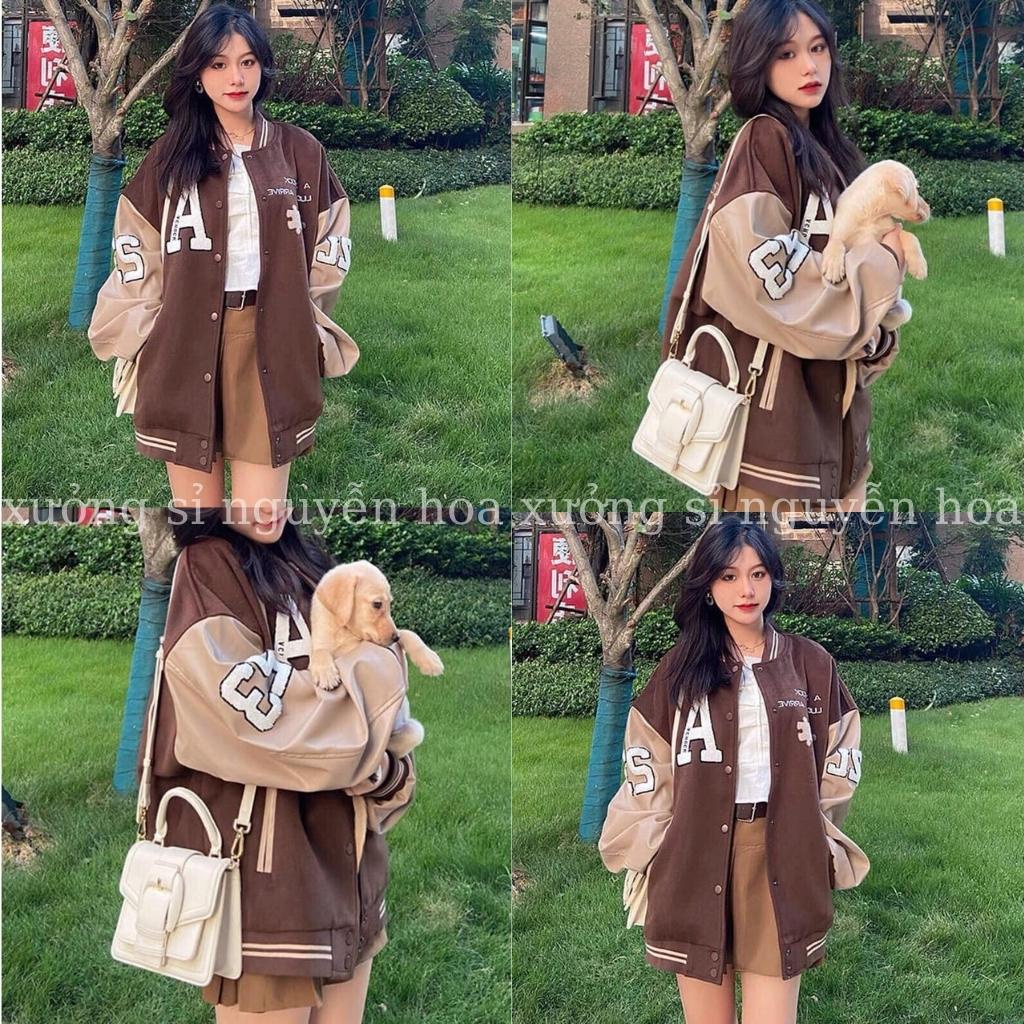 áo khoác bomber nhung in chữ A form dáng rộng unisex nam nữ mặc được màu nây tây siêu tôn da phong cách hàn quốc