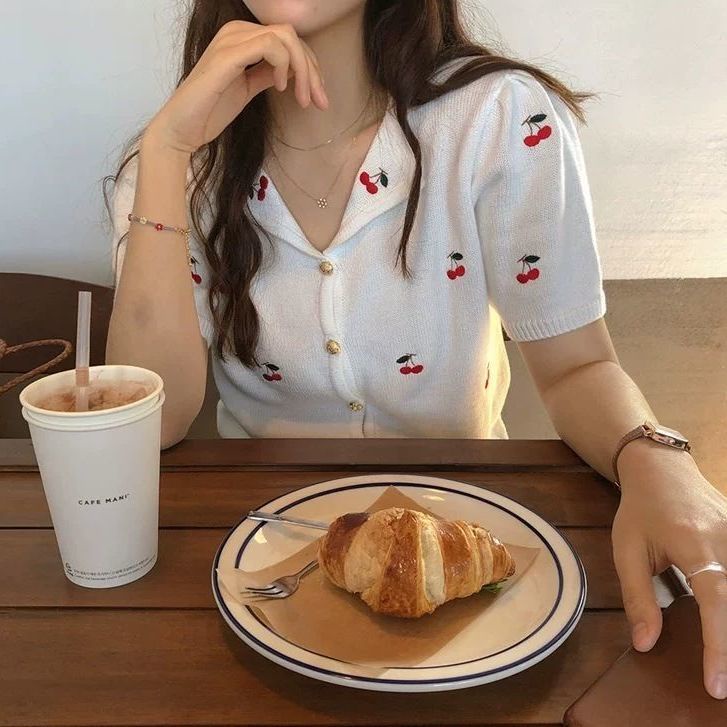Áo Thun Dệt Kim Tay Ngắn Mỏng Họa Tiết Quả Cherry Dễ Thương Dành Cho Nữ  tao bao