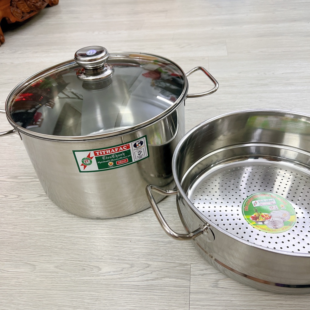 Nồi hấp inox 2 tầng nắp kiếng Tiến Thành dày dặn sử dụng được cả bếp ga và bếp từ tiện lợi sáng bóng
