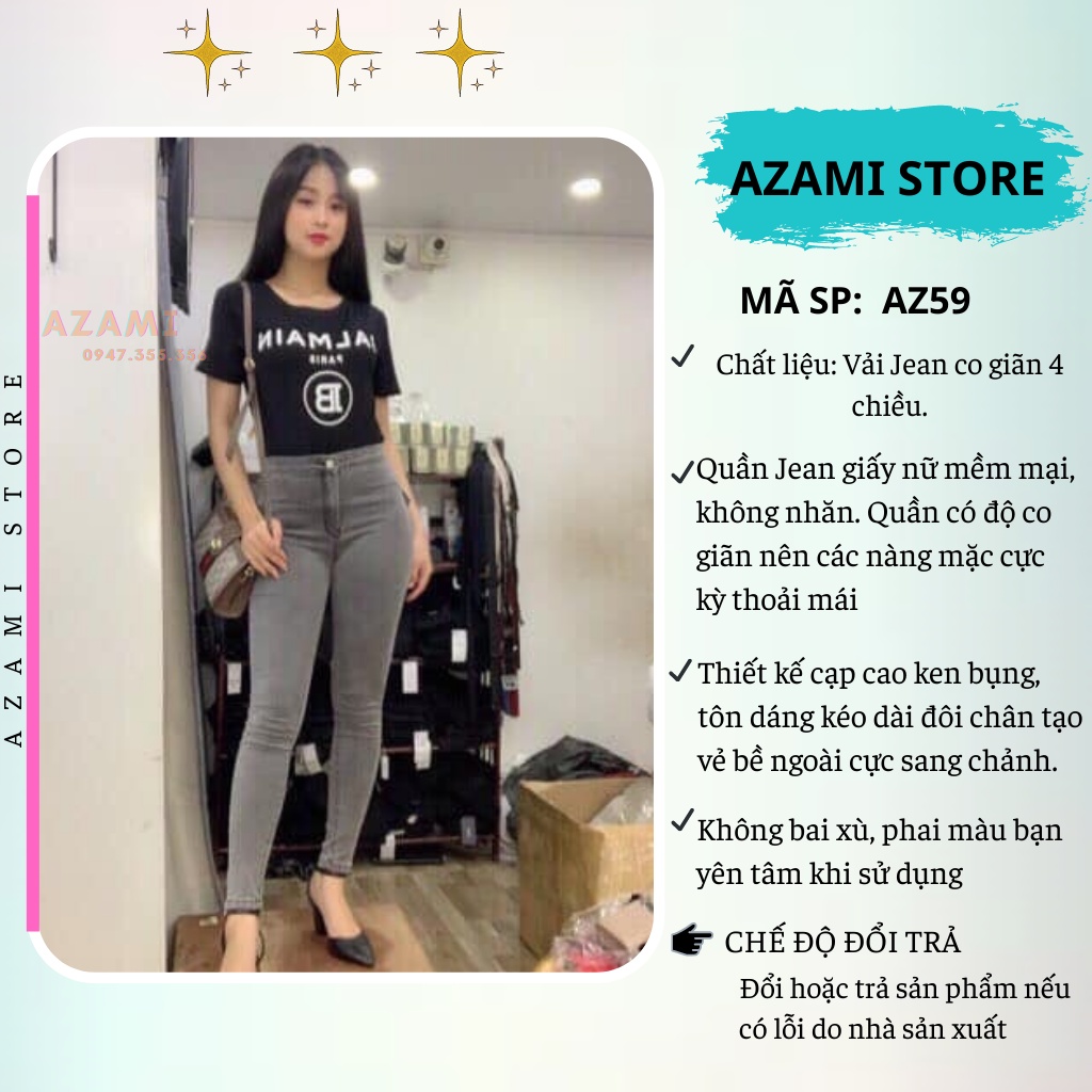 Quần jeans nữ lưng cao AZAMI co giãn, quần bò cạp cao skinny jeans AZ59