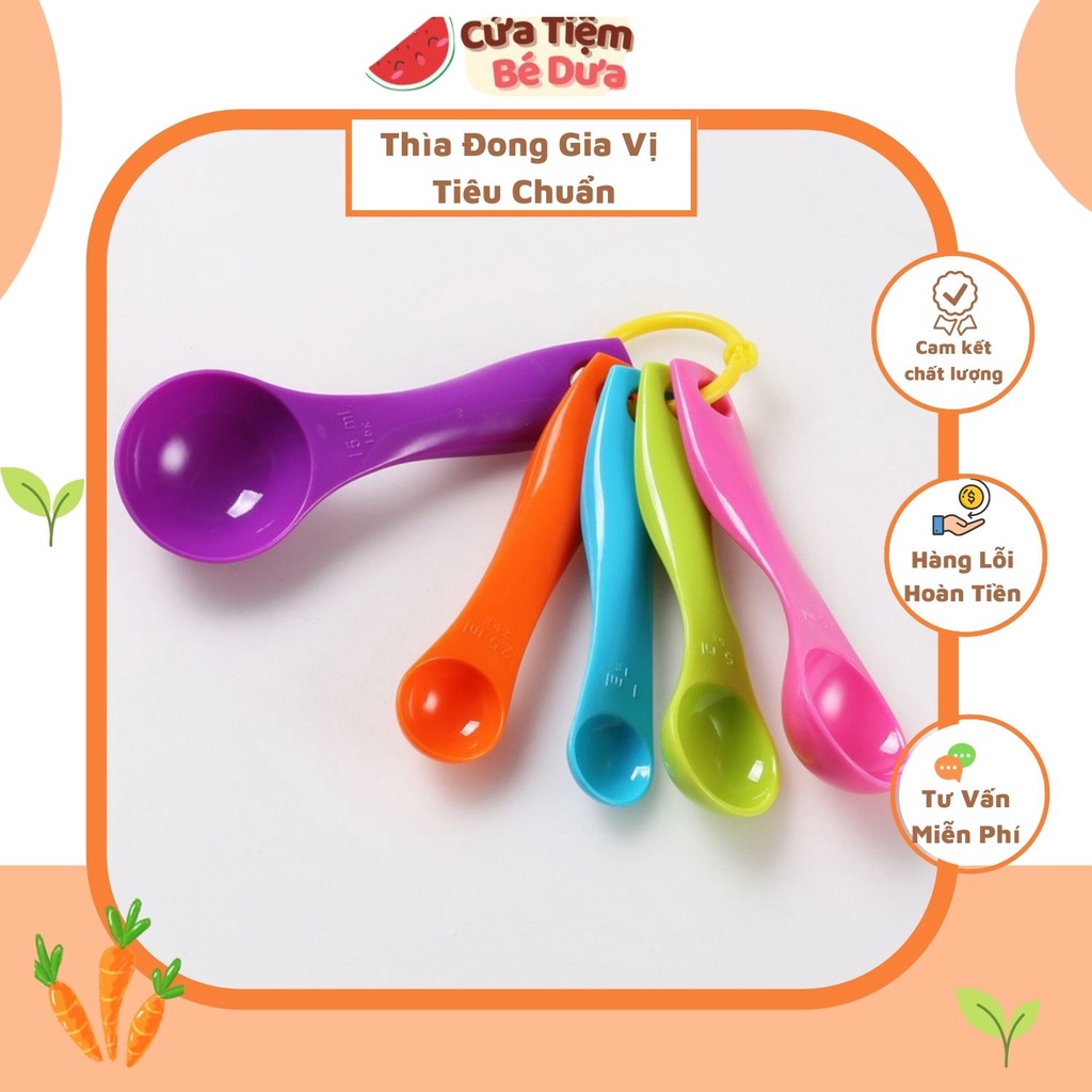 Bộ 5 thìa muỗng đong định lượng nhiều màu sắc nhựa chuẩn từng gam làm bánh bột pha chế - Dưa Kids