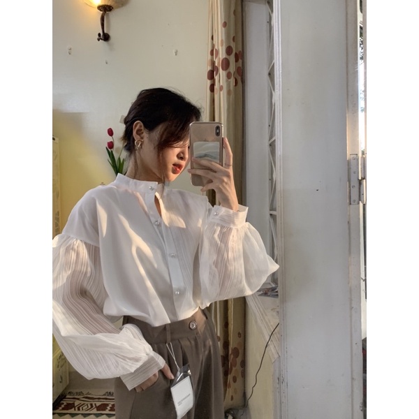 CÓ SẴN Áo sơ mi tay bồng cổ bèo cách điệu sang chảnh 07 _ kèm ảnh thật