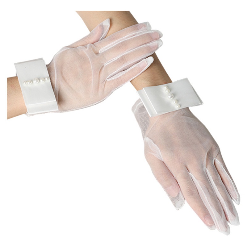 TAK Short Tulle Gloves Sheer Bridal Gloves with Bows Wrist Length for Opera Prom