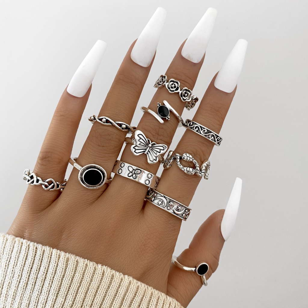 Bộ nhẫn AY đính đá quý màu đen phong cách cổ điển thời trang cho nữ (có bán lẻ)