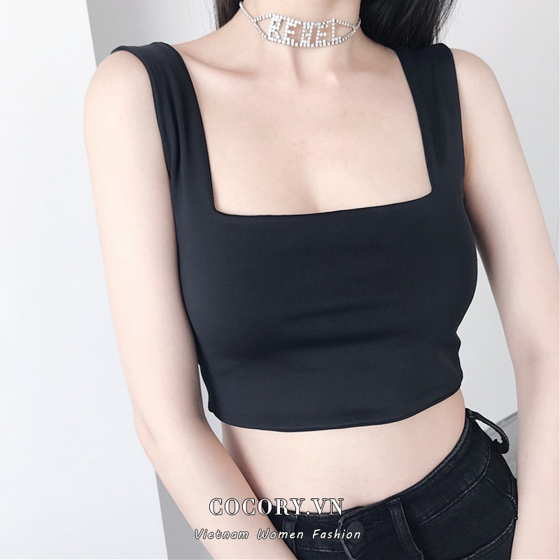 Cocory vn Áo kiểu cổ vuông trễ vai vải cotton cho nữ