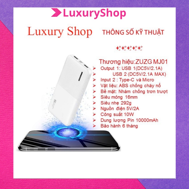 Pin dự phòng 10000mah, cục sạc dự phòng giá rẻ ZUZG MP-J01 bảo hành 6 tháng SDP01
