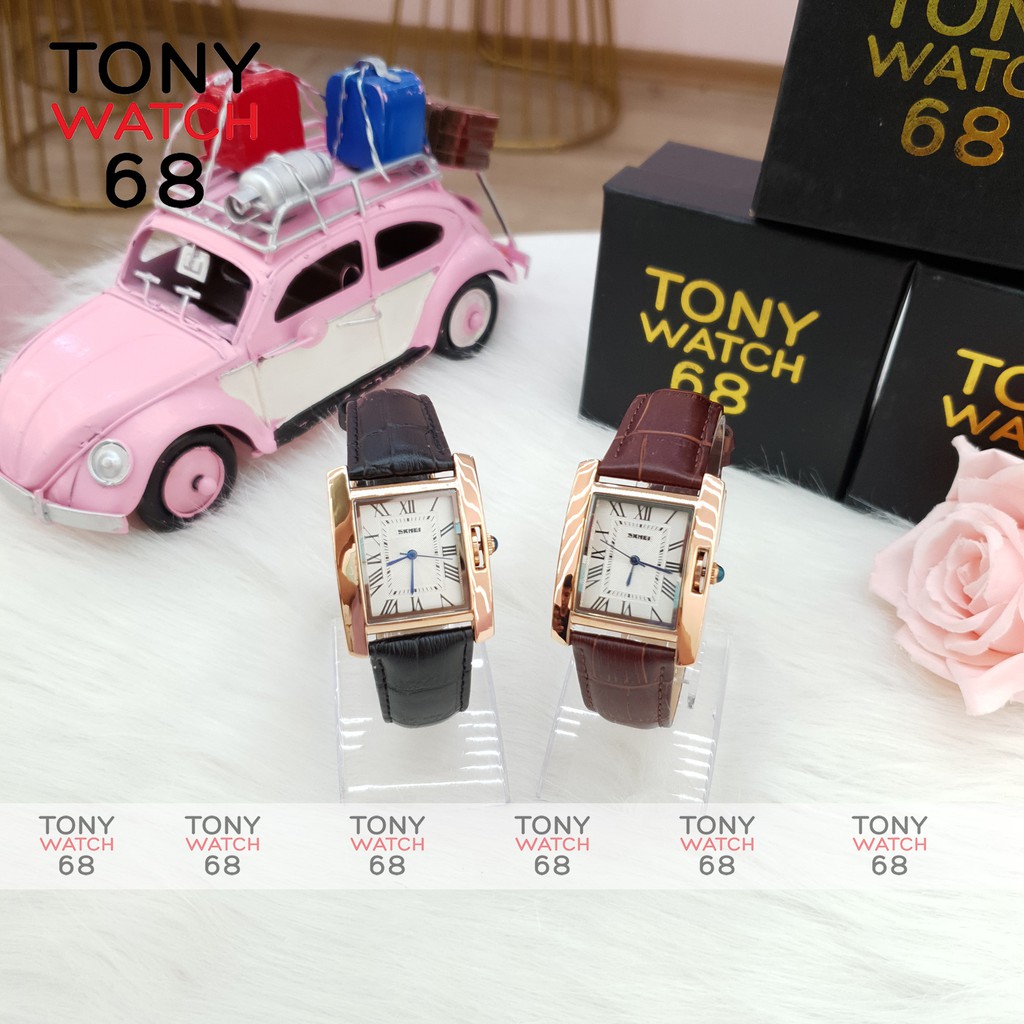 Đồng hồ nữ Skmei dây da mặt vuông viền vàng chính hãng Tony Watch 68