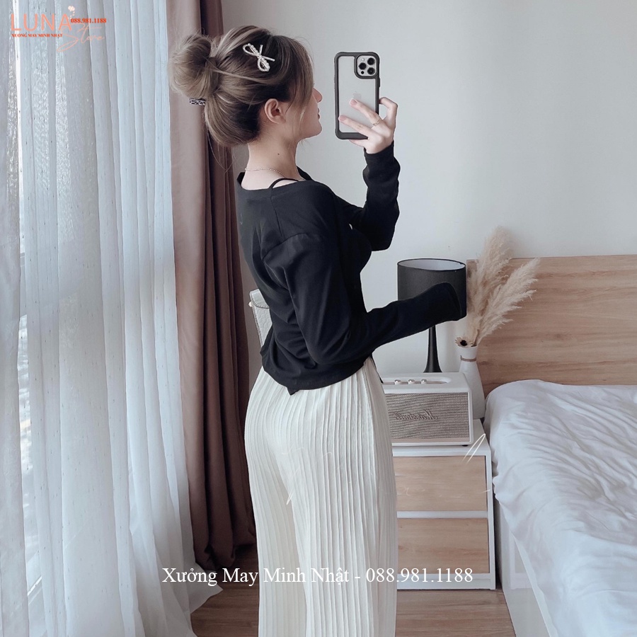 Quần ống rộng thun tăm gân cạp chun dây rút dáng quần len tăm ống rộng suông dài lưng cao vải mềm đi học chơi thể thao