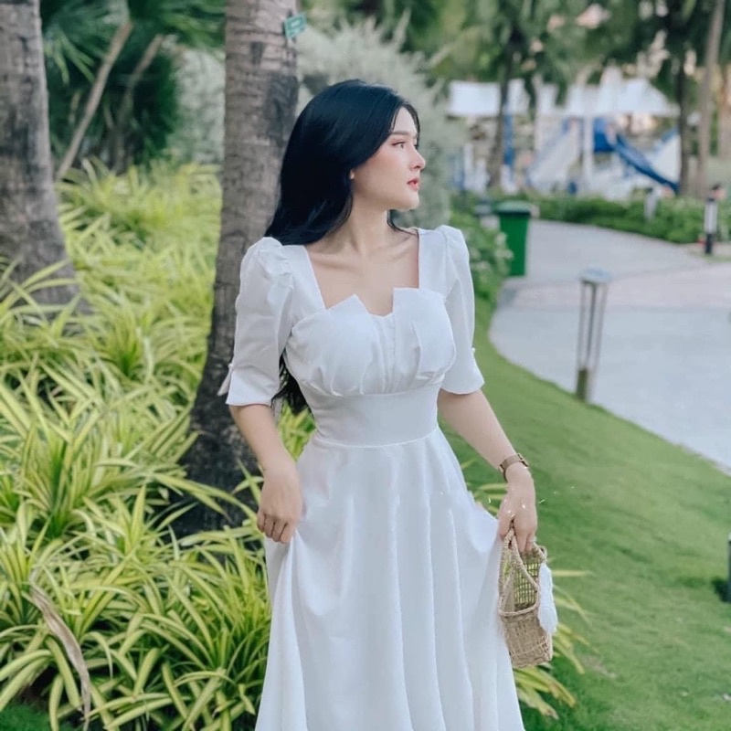 Đầm dự tiệc dạo phố ngực cách điệu tay lửng