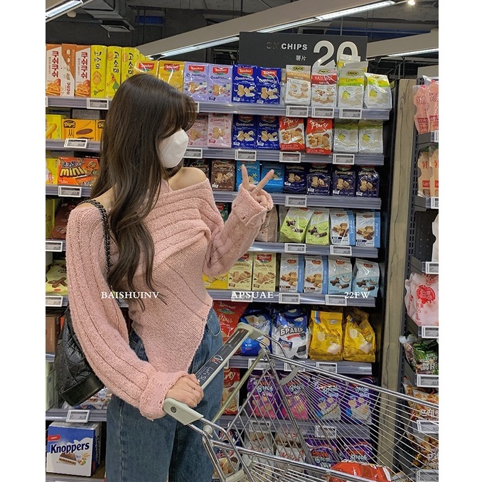 DUNEA Áo Len Nữ Hở Vai Phong Cách Hàn Quốc Gợi Cảm