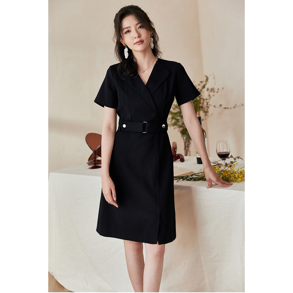 Váy đầm giả vest đen tay dài dáng xòe nhẹ