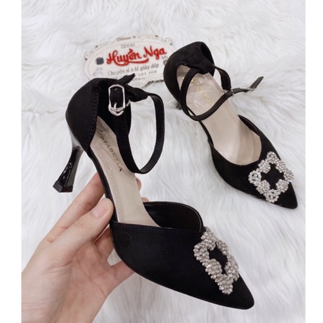Giày cao gót nữ bịt gót mũi nhọn quai vắt đính đá