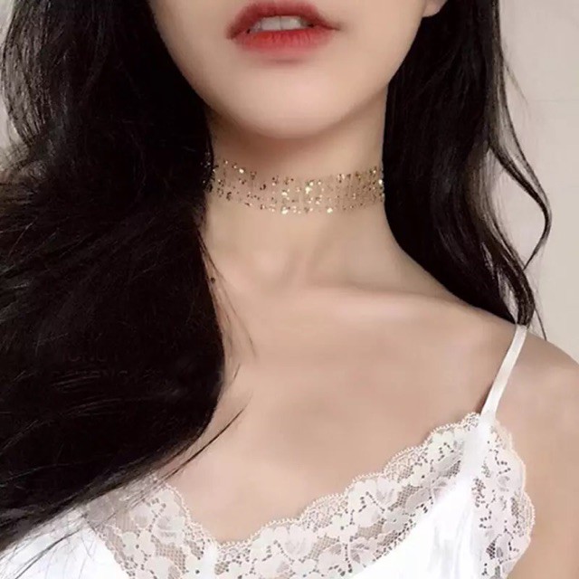 Vòng cổ choker đính kim sa lấp lánh, vàng và bạc