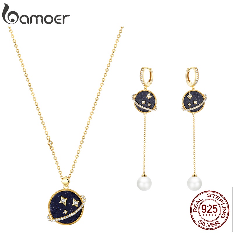 Dây chuyền/ Đôi khuyên tai BAMOER bạc 925 đính đá sa thạch xanh dương đậm và ngọc trai nhân tạo thời trang