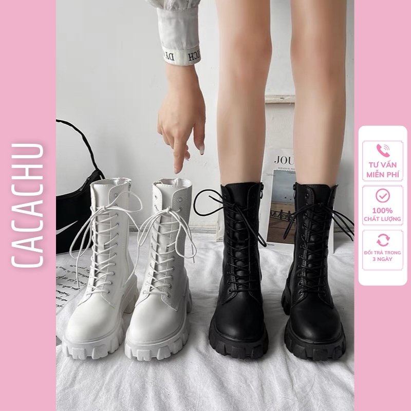 Bốt nữ cao cổ Ulzzang 20cm Boot hàng QC cao cấp đẹp dây buộc có khóa kéo đế cao 5.5cm màu đen trắng hot CACACHU G024 | WebRaoVat - webraovat.net.vn