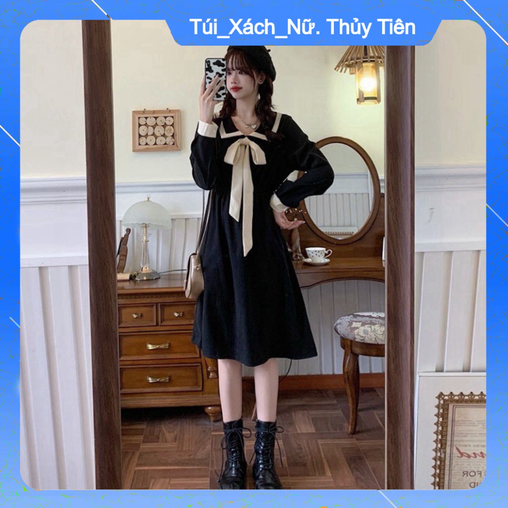 (Giá Gốc) ĐẦM NỮ THỦY THỦ PHỐI MÀU - VÁY DÀI TAY CỔ BẺ BUỘC NƠ 2 MÀU ĐEN TRẮNG HOT -👗TTshop👑