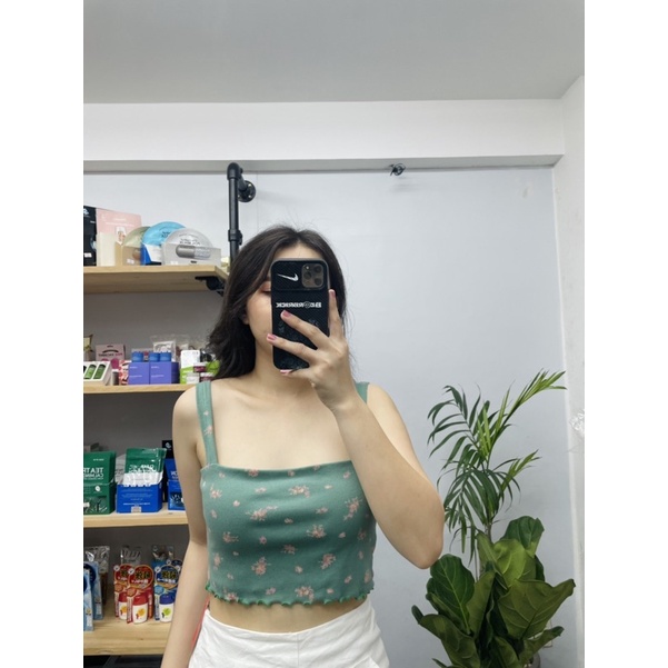 Áo 2 dây cổ vuông ôm body xanh 2 lớp màu rêu