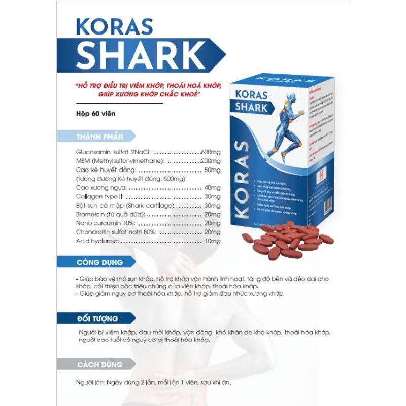 Viên sụn khớp KORAS SHARK hộp 60 viên HÀNG CHÍNH HÃNG Korasshark bảo vệ mô sụn khớp, cải thiện thoái hóa khớp