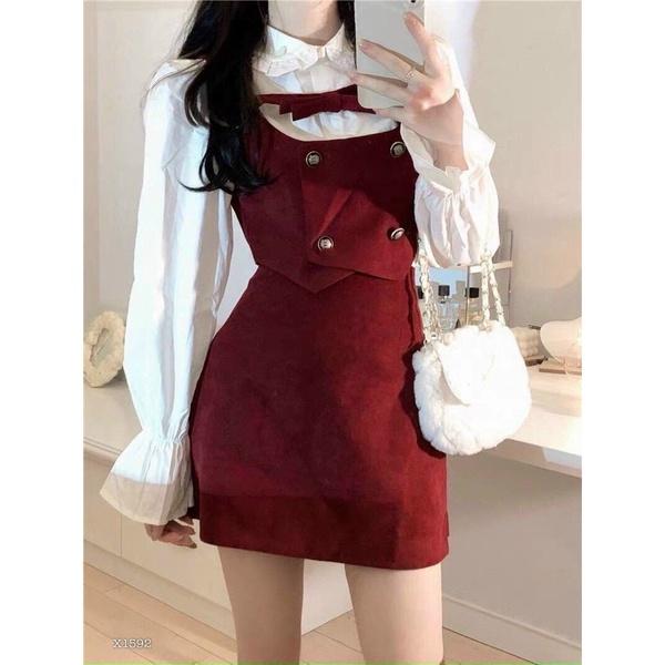 Set noel đỏ 3 món,áo sơ mi trắng, gile đỏ và chân váy đỏ siêu xinh cho bạn gái diện noel hoặc đi tiệc đi chơi siêu xinh