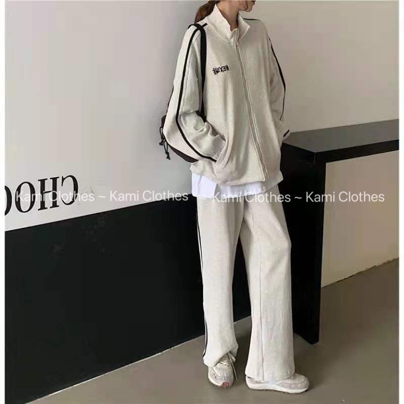 Bộ ngủ nữ, set áo nỉ tàu kéo khoá cổ bẻ màu xám và quần ống rộng dầy dặn thu đông - KAMI Clothes