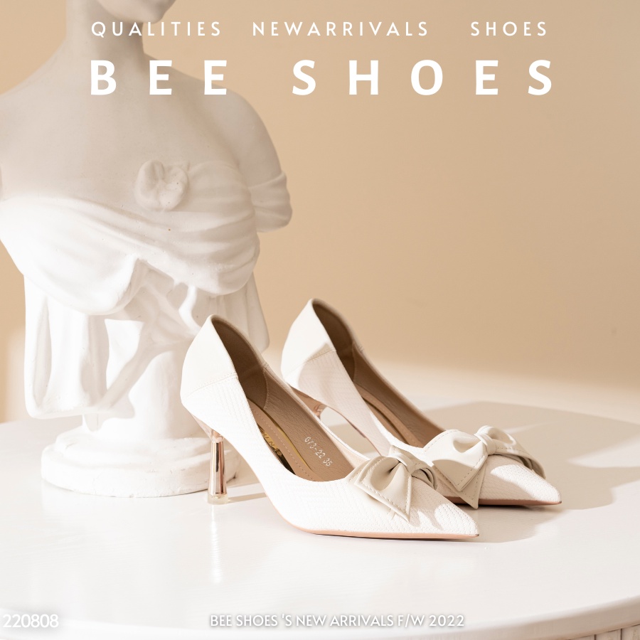 BEESHOES - GIÀY CAO GÓT NỮ MŨI NHỌN  - GIÀY CAO GÓT NỮ GÓT NHỌN CAO 7 PHÂN SẴN MÀU ĐEN - KEM 220830