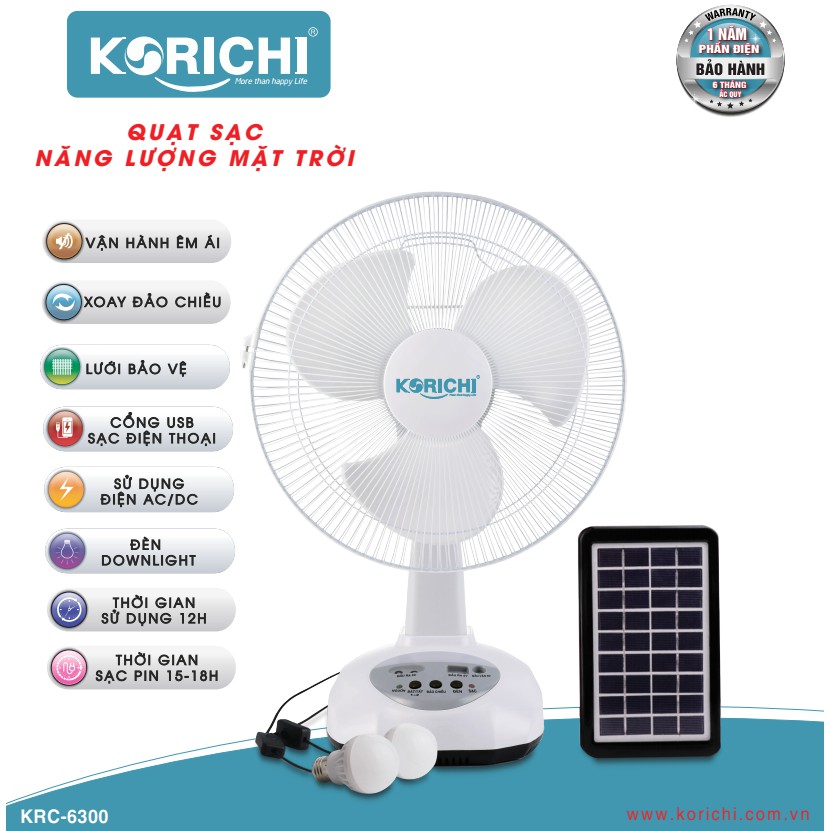 🎁Quạt Tích Điện Năng Lượng Mặt Trời- Korichi KRC 6300 (Tặng bóng điện, dây sạc 4 đầu, pin năng lượng mặt trời)