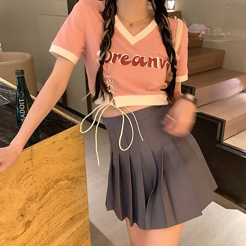 【ZHELIHANGFEI】 / Áo Thun Tay Ngắn Màu Trơn Kiểu Retro Mỹ Thời Trang Mùa Hè Cho Nữ