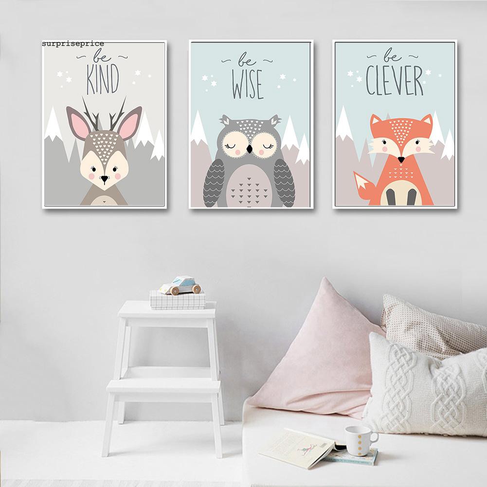 Tranh treo tường trang trí không khung bằng vải canvas họa tiết hoạt hình chú cáo/chim cú/hươu đáng yêu