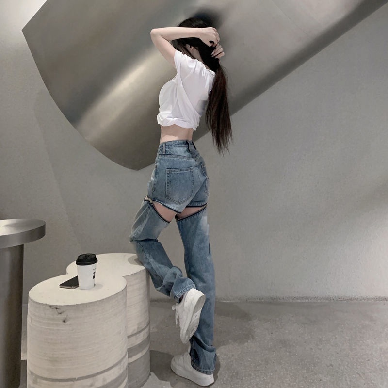 Quần Jean Lưng Cao Ống Rộng Hai Dây Dáng Suông Kiểu Dáng Mới Thời Trang Cho Nữ