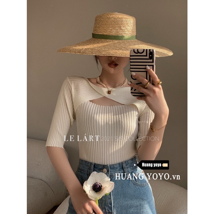 Áo Thun Dệt Kim Tay Ngắn Cổ Tròn Thiết Kế Đan Chéo Quyến Rũ